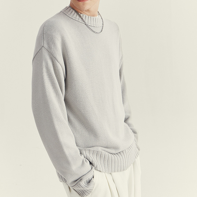 秋冬季圓領毛衣男士潮款韓版拼接寬鬆套頭針織衫長袖內搭