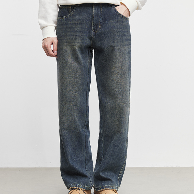 復型男士復古加絨直筒牛仔褲秋冬寬鬆休閒潮流做舊闊腿褲