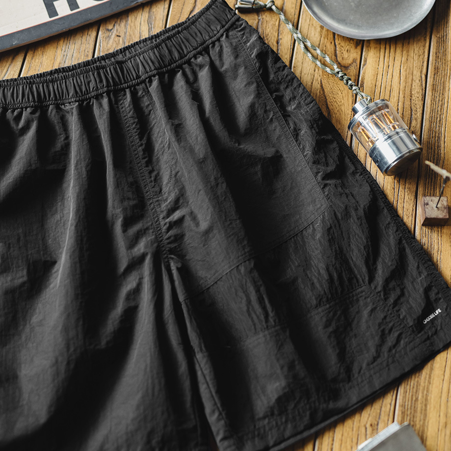 美式山系機能短褲黑色直筒尼龍薄款速幹沙灘五分褲男夏季