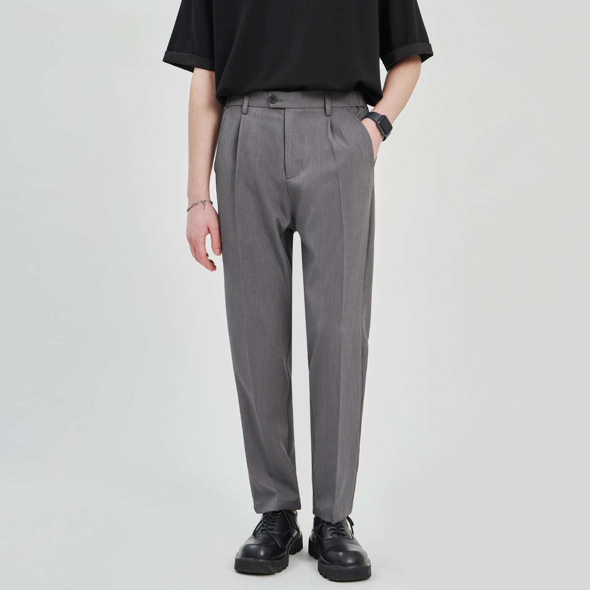 重磅男士休閒褲夏季新款抗皺梭織寬鬆直筒西褲九分褲