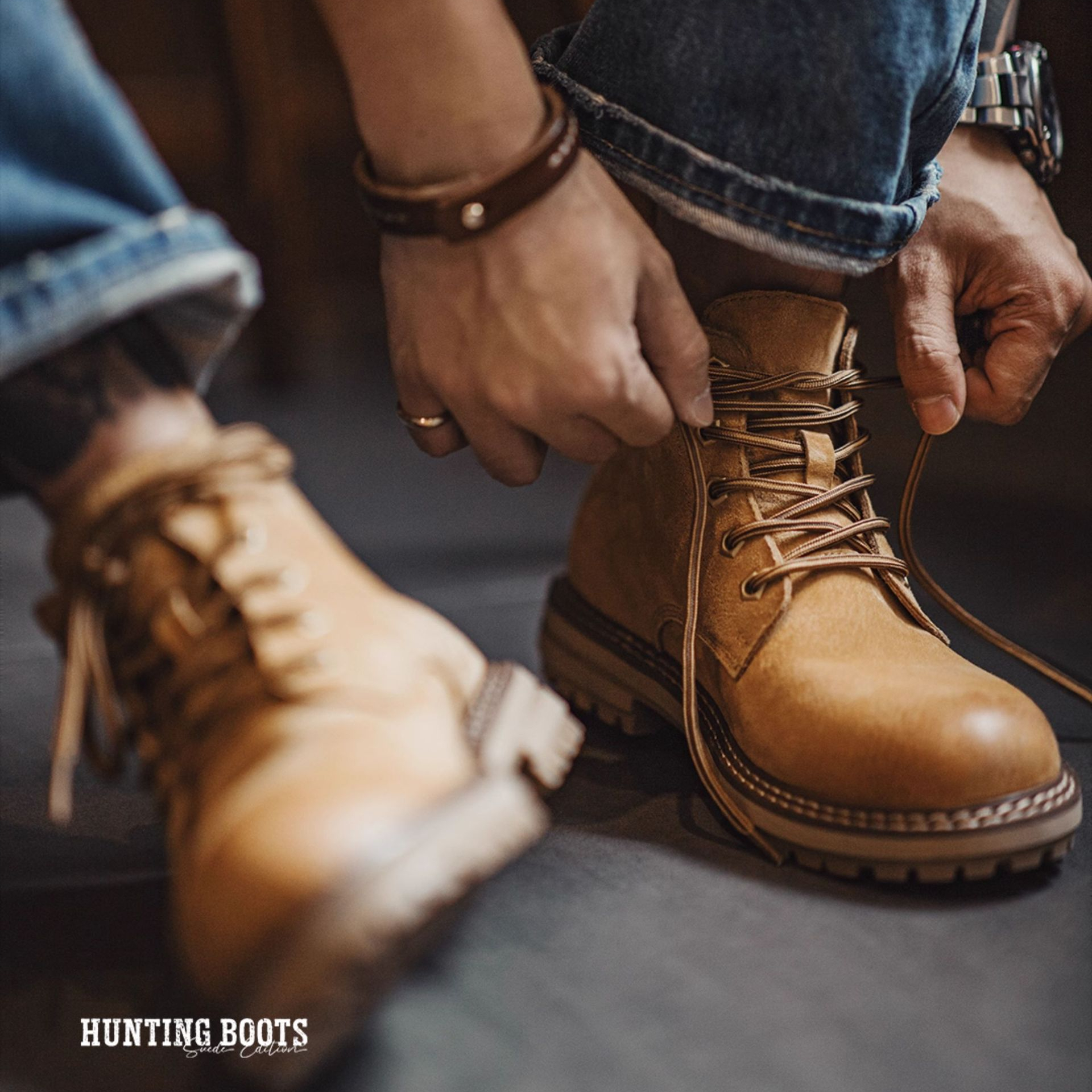 （加絨）獵裝大黃靴男士馬丁靴2025秋冬擦色做舊中幫工裝靴子