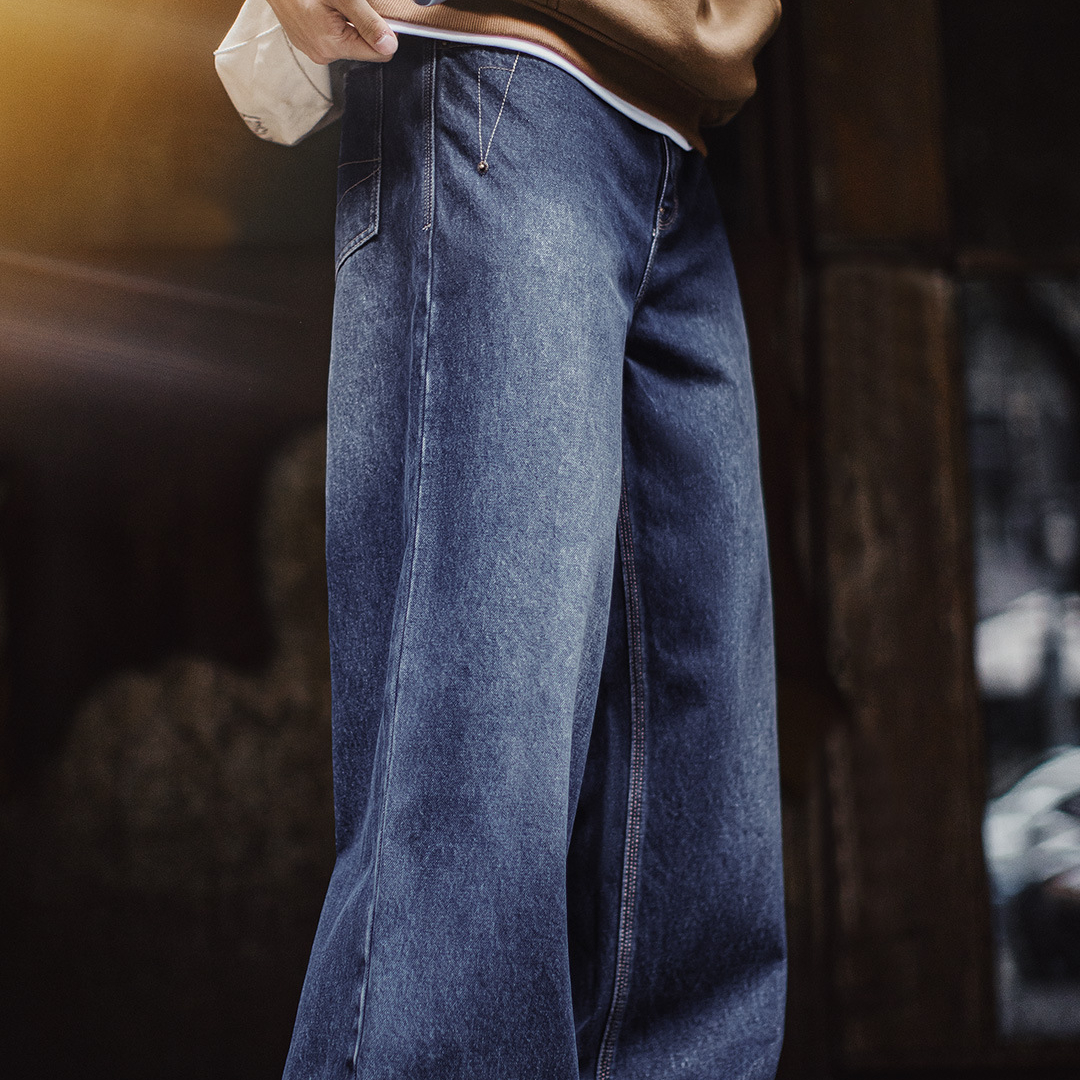 美式復古水洗彎刀牛仔褲丹寧闊腿垂感拖地休閒長褲子男秋