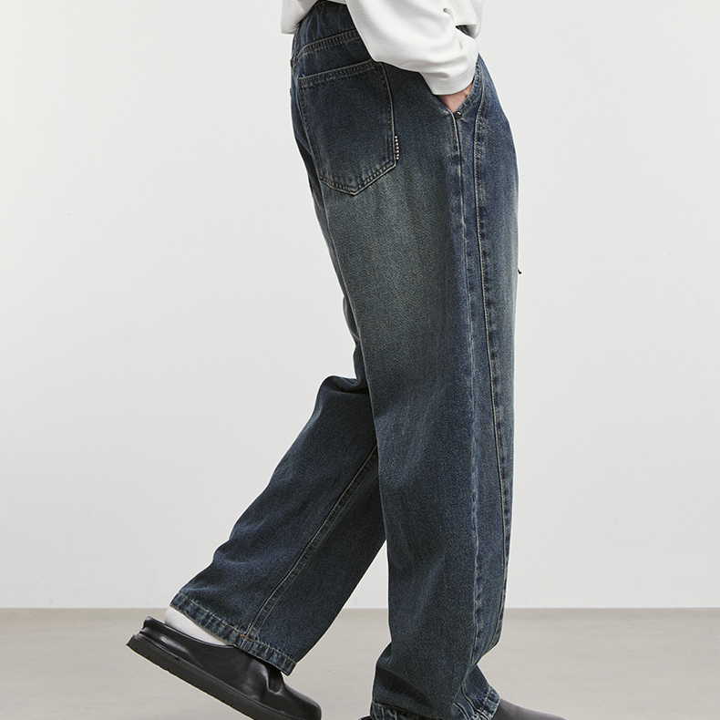 藍棱美式潮牌水洗做舊牛仔褲男秋季新款直筒寬鬆長褲子