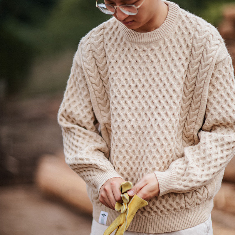 靛海阿美咔叽麻花寬松圓領針織衫男美式落肩套頭毛衣秋冬