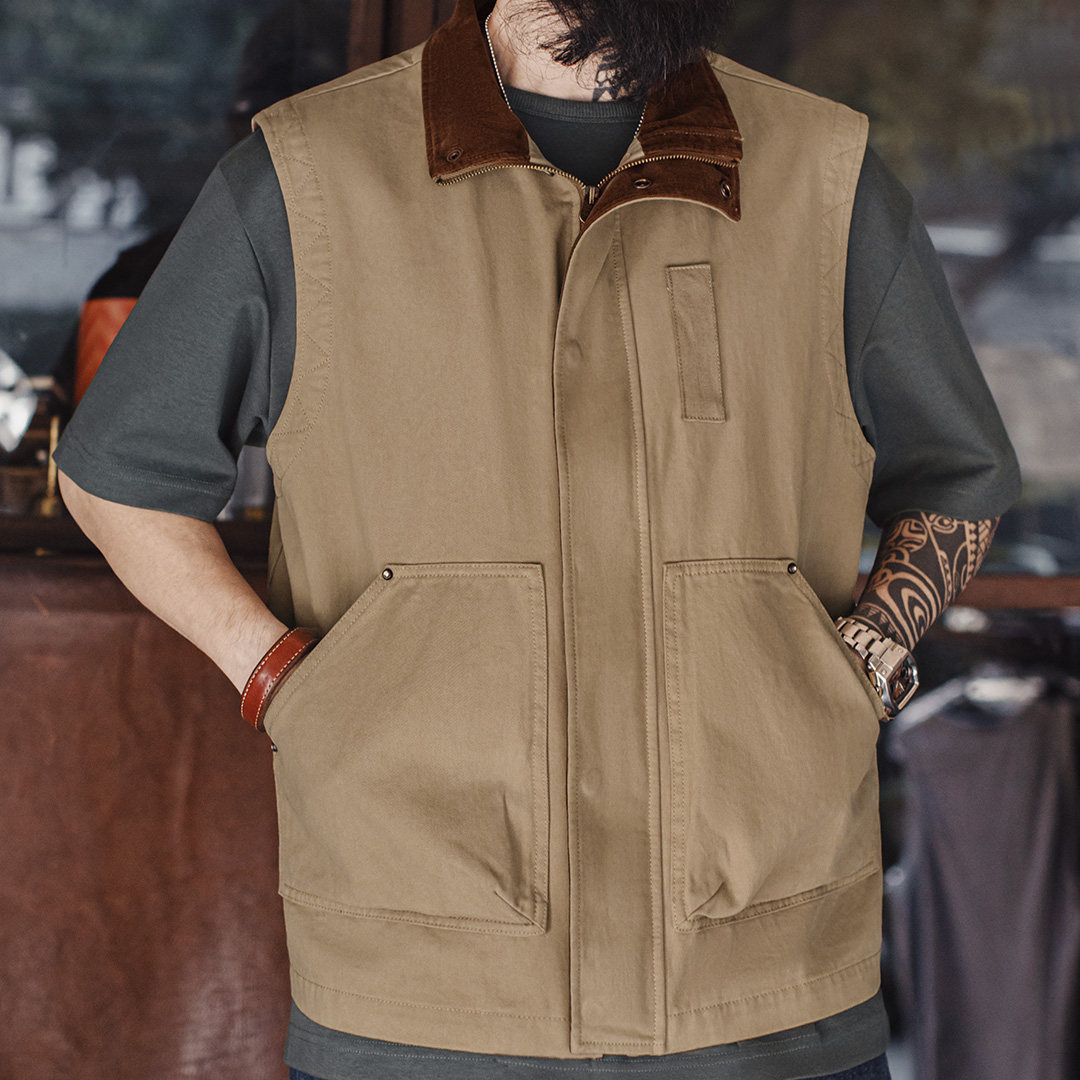 美式復古safari馬甲獵裝純棉卡其色燈芯絨背心外套男款春