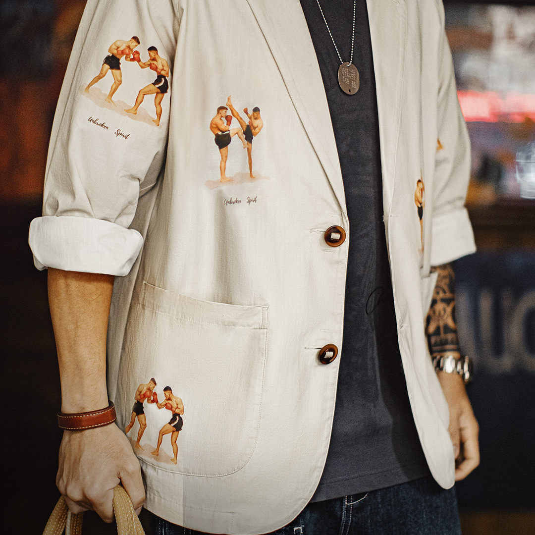 美式休閒平駁領西裝印花外套白色西服純棉長袖襯衫男款春