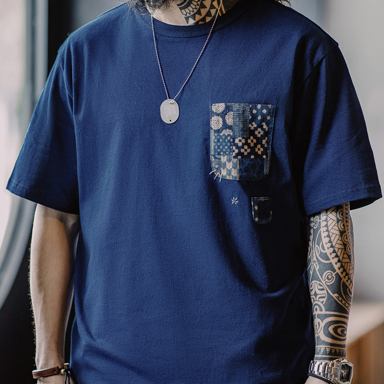 植物藍染古布拼接口袋T恤美式復古indigo純棉上衣男夏季