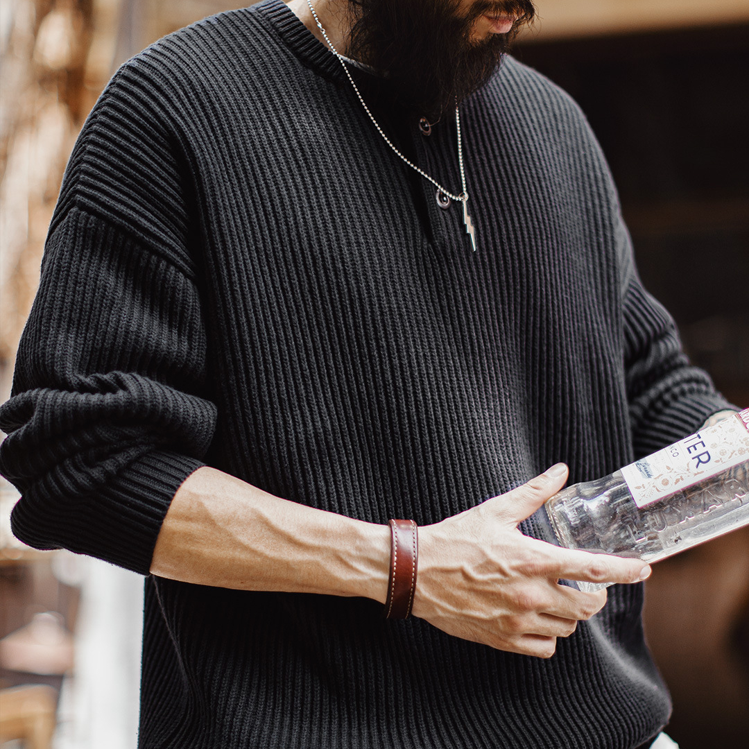 美式重磅亨利領毛衣黑色外穿高克重垂感通勤套頭寬鬆男冬