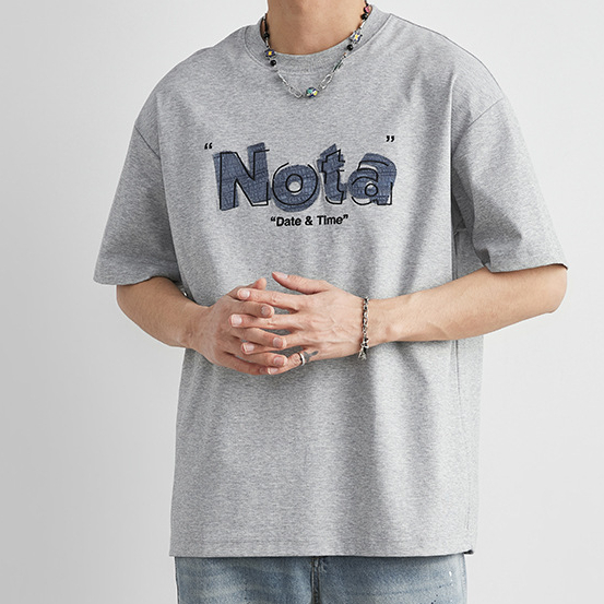 重磅220g棉圓領短袖T恤男夏季寬鬆牛仔貼布Nota字母印花上衣