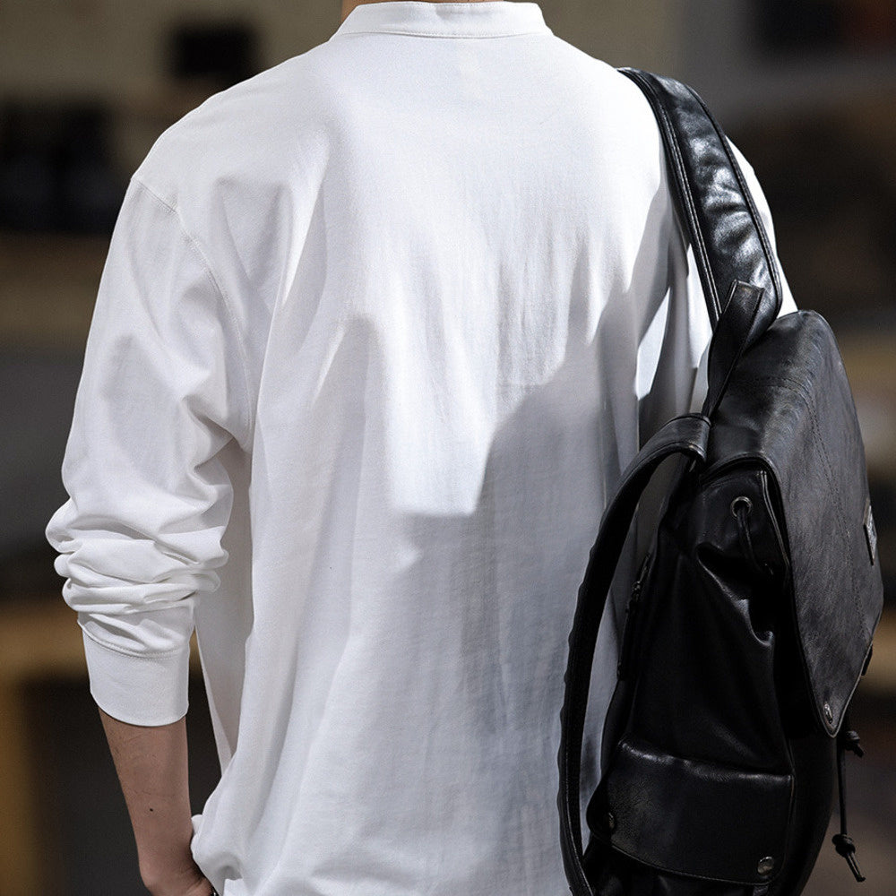 高端美式潮牌ins亨利領休閑男士長袖t恤寬松大碼百搭春季純棉衛衣