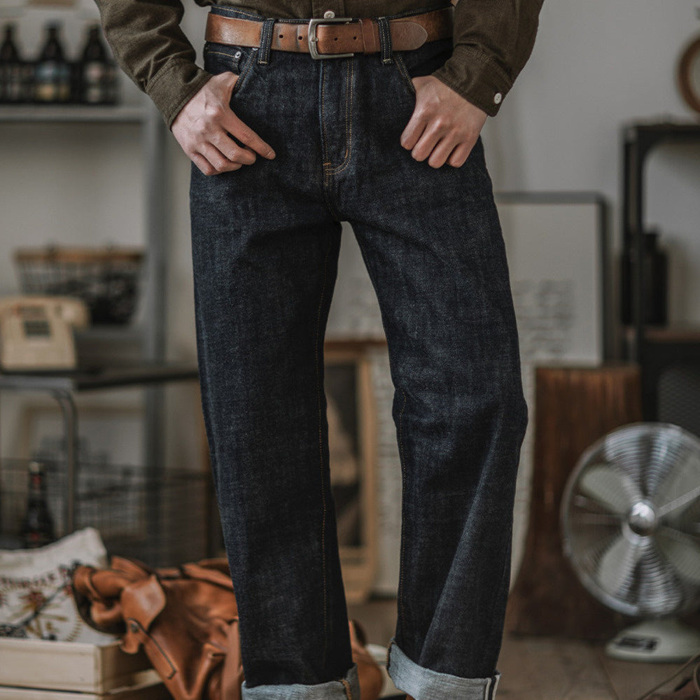 阿美咔叽丹寧復古赤耳脫漿牛仔褲 美式直筒寬松原牛色長褲