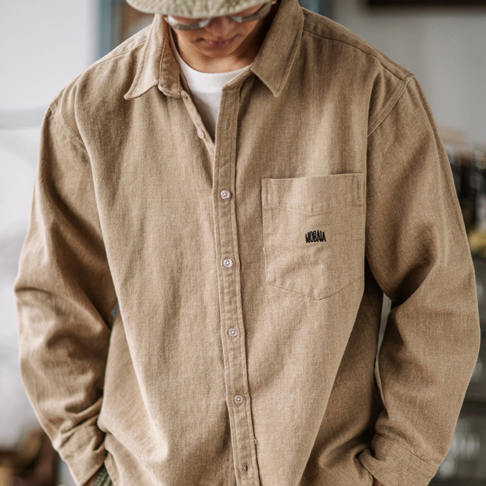 全棉磨毛厚寬松工裝襯衫純色長袖休閑襯衣男春秋外套
