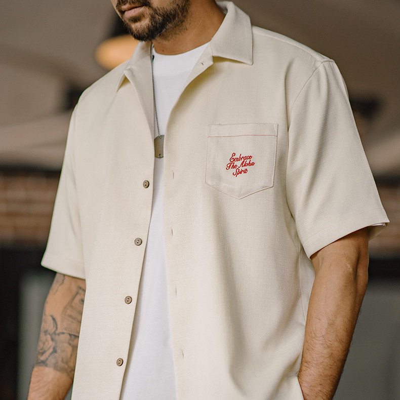 美式復古夏威夷刺繡短袖襯衫竹節紋垂感古巴領襯衣男夏季