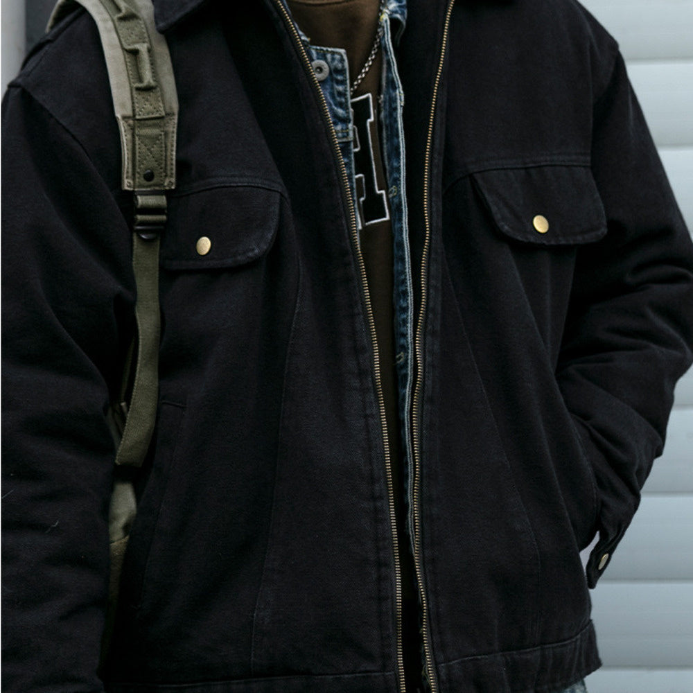 美式重工水洗底特律工装翻领棉衣男潮牌皮质贴标加厚棉服