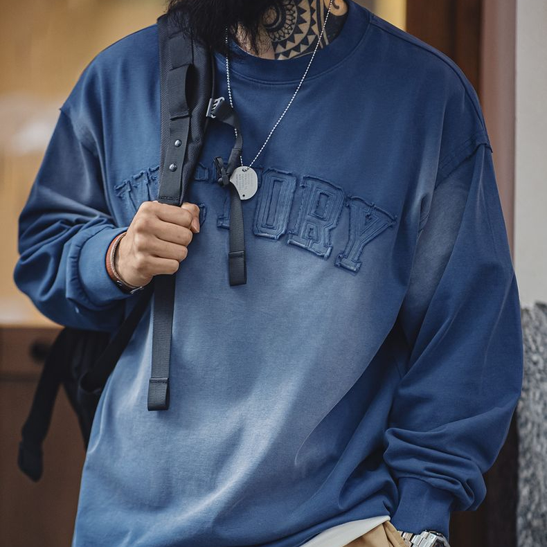 美式復古字母貼布衛衣漸變色水洗做舊寬鬆圓領T恤男春季