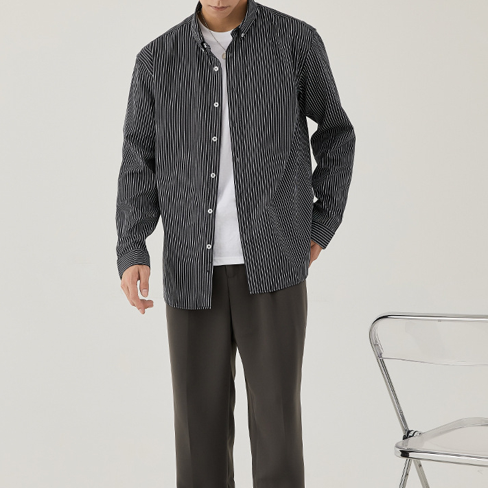 春秋新款輕商務翻領襯衣男條紋開衫長袖休閒男士襯衫