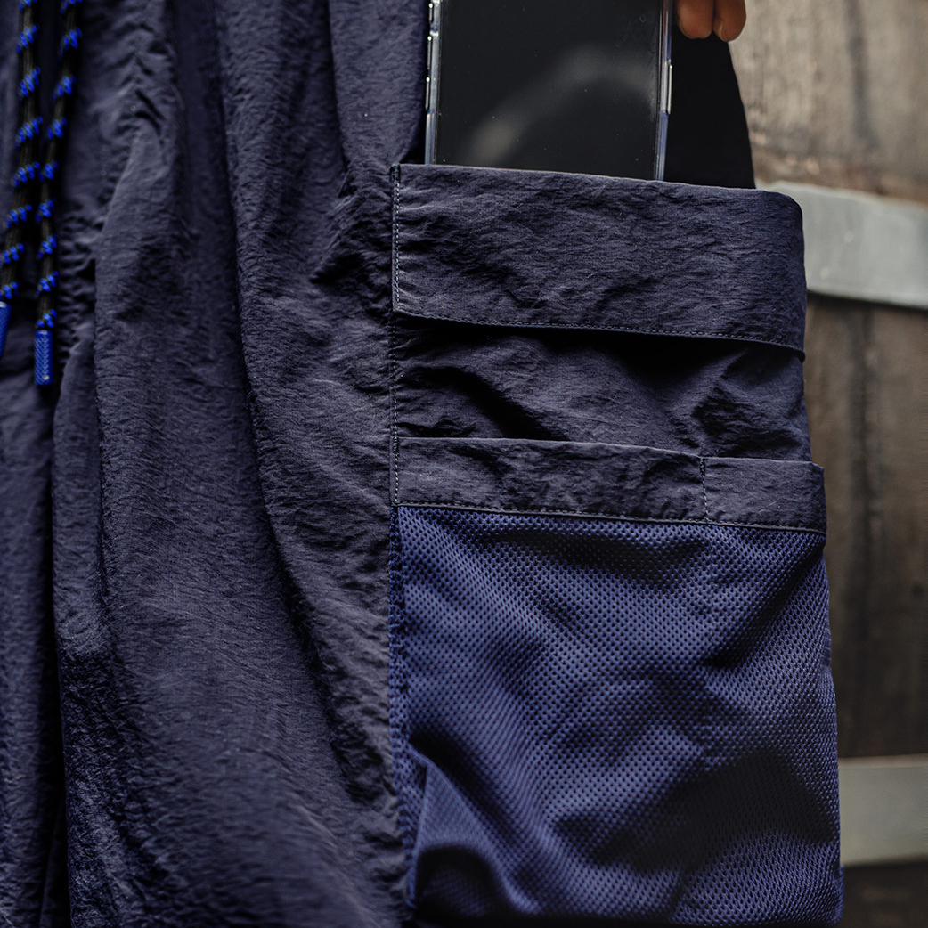 美式多口袋短褲速幹機能藏青色戶外輕薄款抽繩五分褲男夏