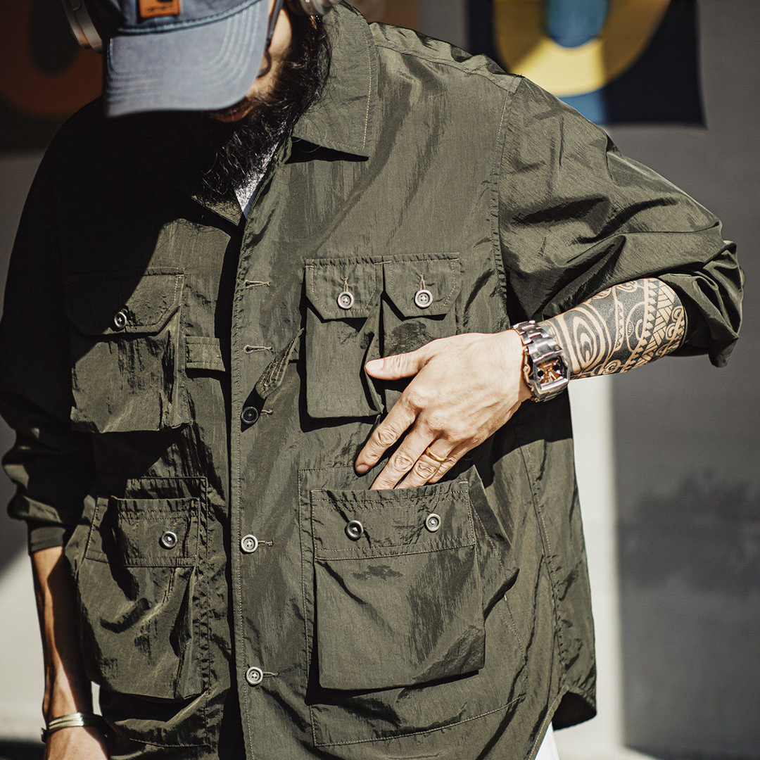 美式復古獵裝襯衫薄款梭織多口袋軍綠色長袖襯衫外套男春