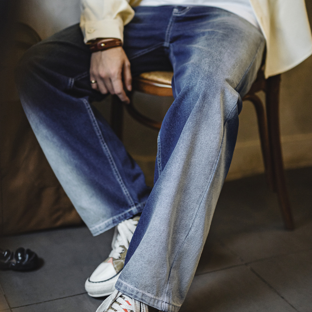 美式漸變冰藍色牛仔褲水洗丹寧萊賽爾cleanfit休閒褲男秋