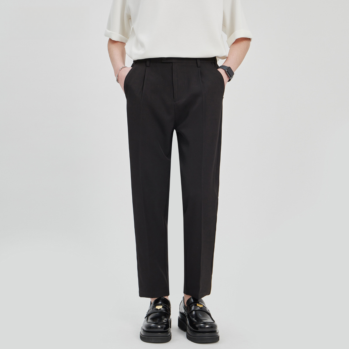 重磅男士休閒褲夏季新款抗皺梭織寬鬆直筒西褲九分褲