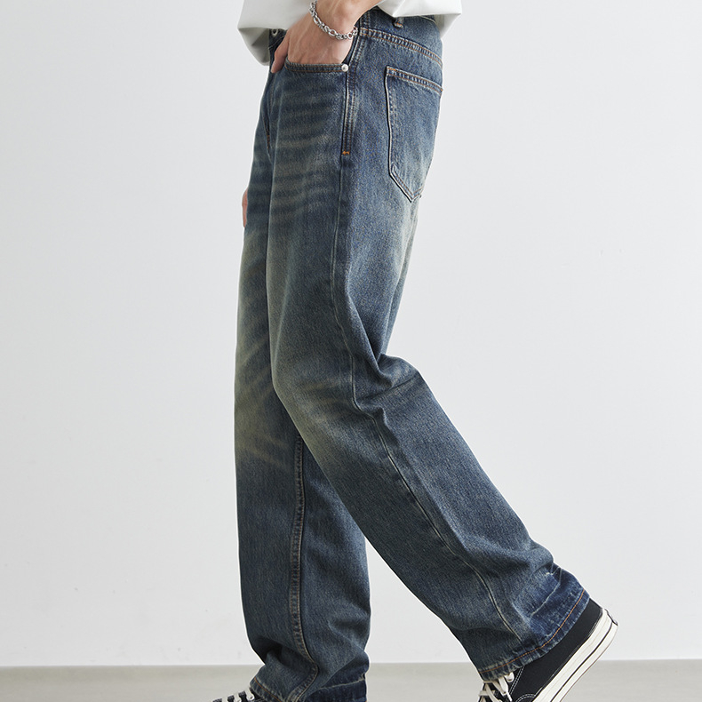 美式復古牛仔褲男夏季水洗做舊重磅直筒褲子寬鬆闊腿休閒長褲