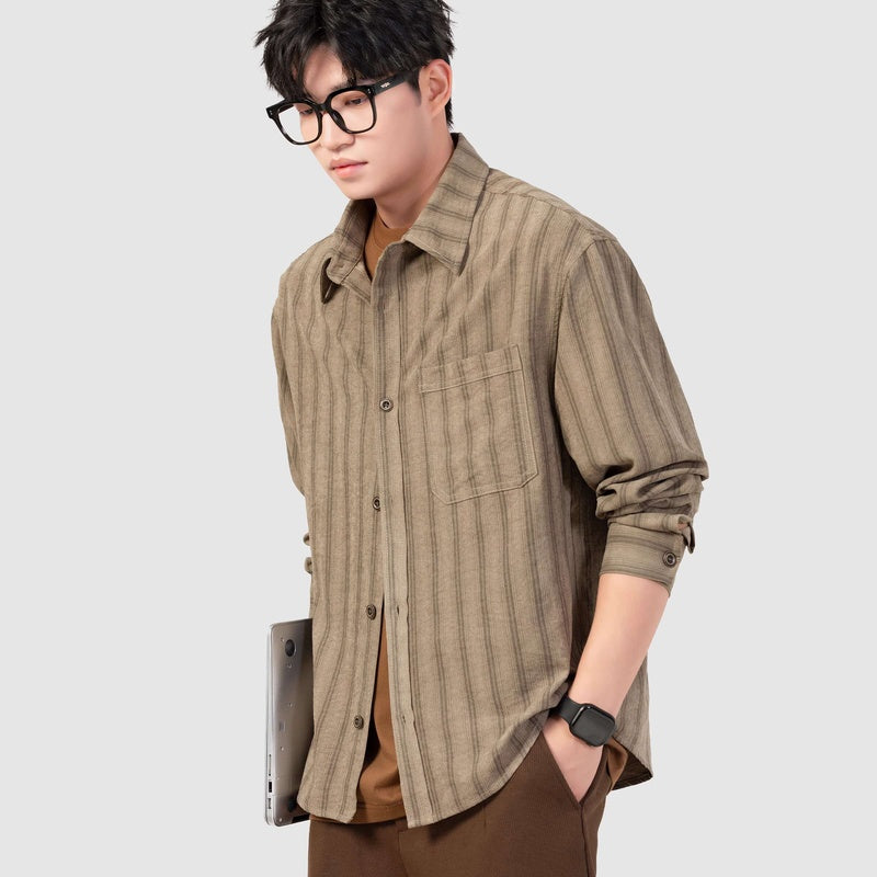 春季新款銅氨絲條紋襯衫男美式潮牌抗皺柔順長袖襯衣
