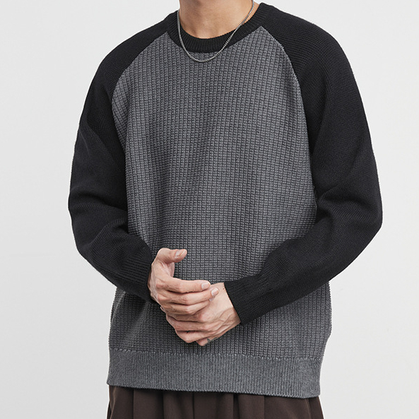 簡潮重磅拼色圓領毛衣男冬季肌理感美式拼接打底針織衫