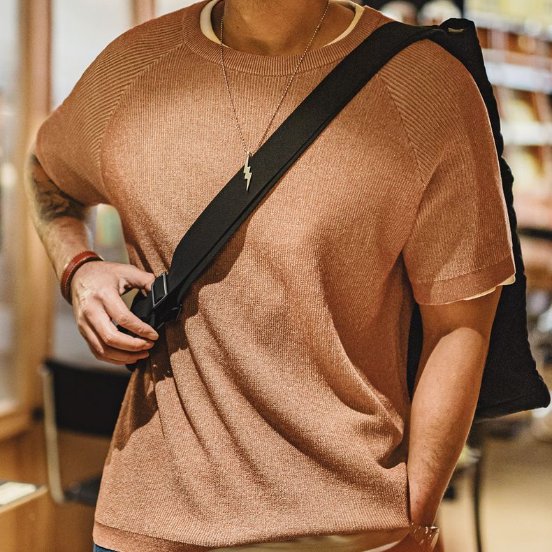 美式復古橙色針織衫短袖休閒寬鬆圓領薄款透氣T恤男夏季