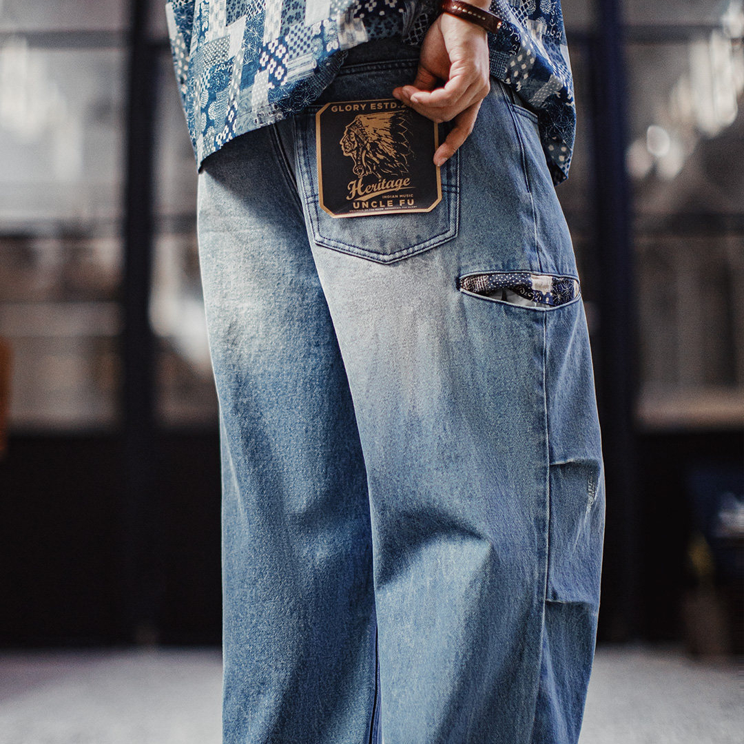 美式復古闊腿寬鬆傘兵牛仔褲古布水洗破洞薄款休閒褲男春