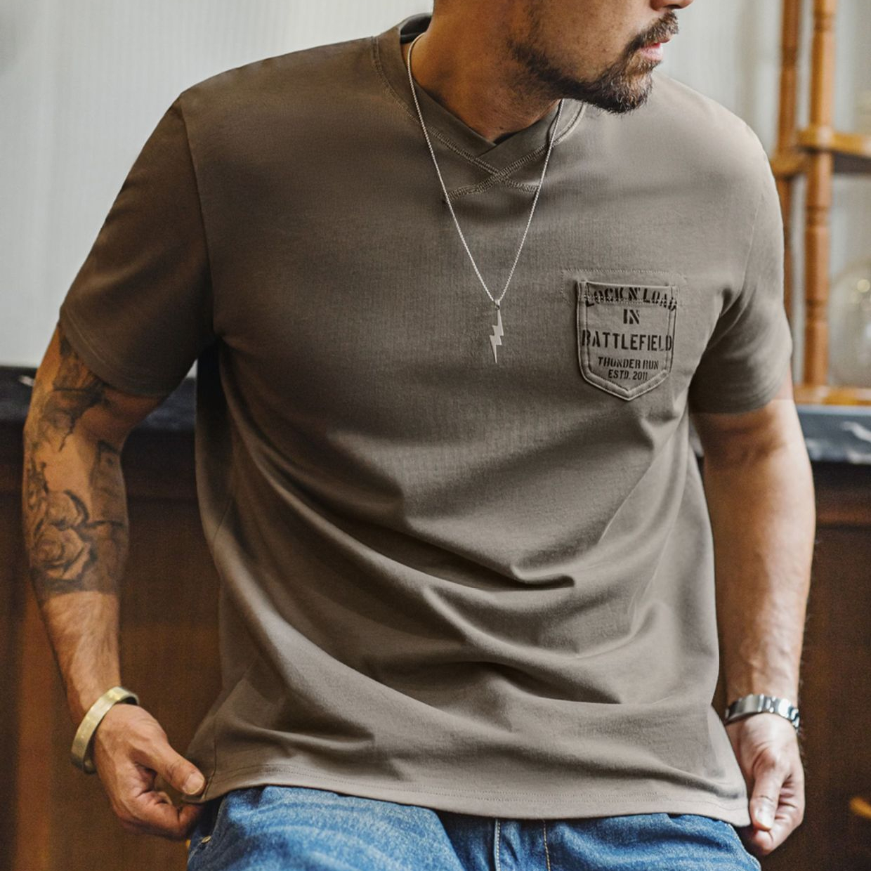 美式復古軍事風口袋T恤螺紋領口體能訓練硬漢短袖男夏季