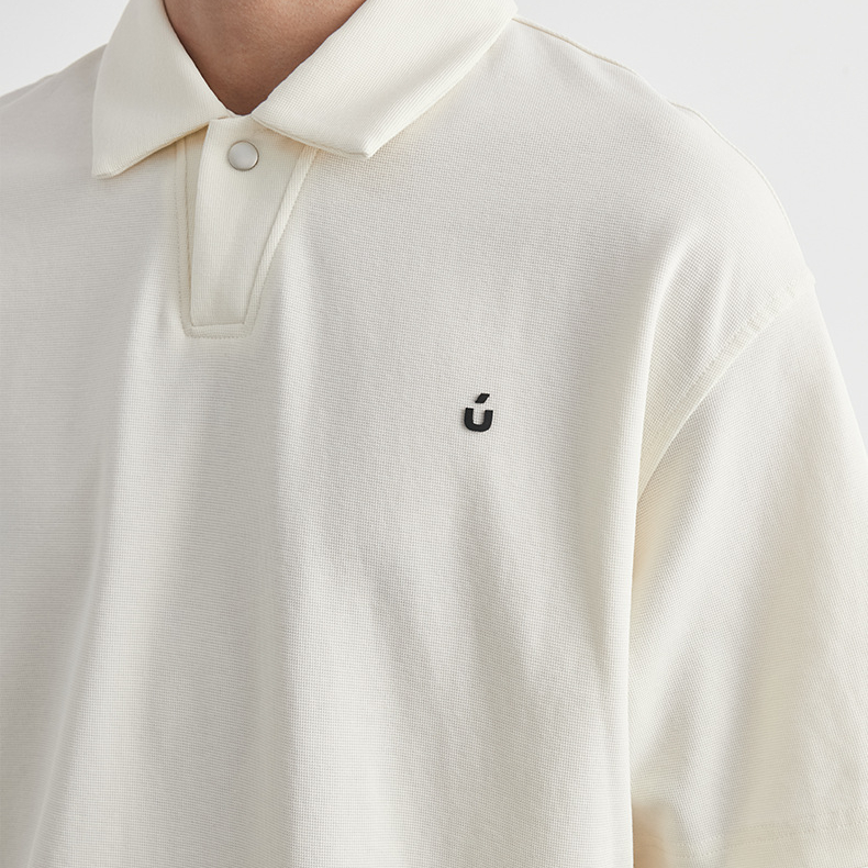 日系刺繡小標翻領紐扣Polo衫男夏季純色寬鬆通勤百搭短袖T恤