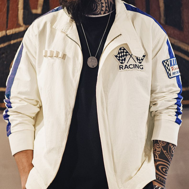 美式復古拼色刺繡賽車夾克F1車手服休閒棒球領外套男春