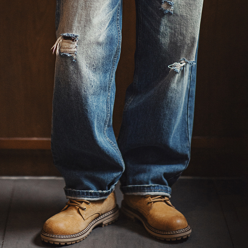 （加絨）獵裝大黃靴男士馬丁靴2025秋冬擦色做舊中幫工裝靴子