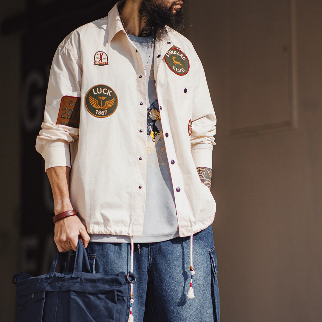 美式章仔刺繡長袖襯衫外套薄款白色口袋拼接襯衣夾克男春