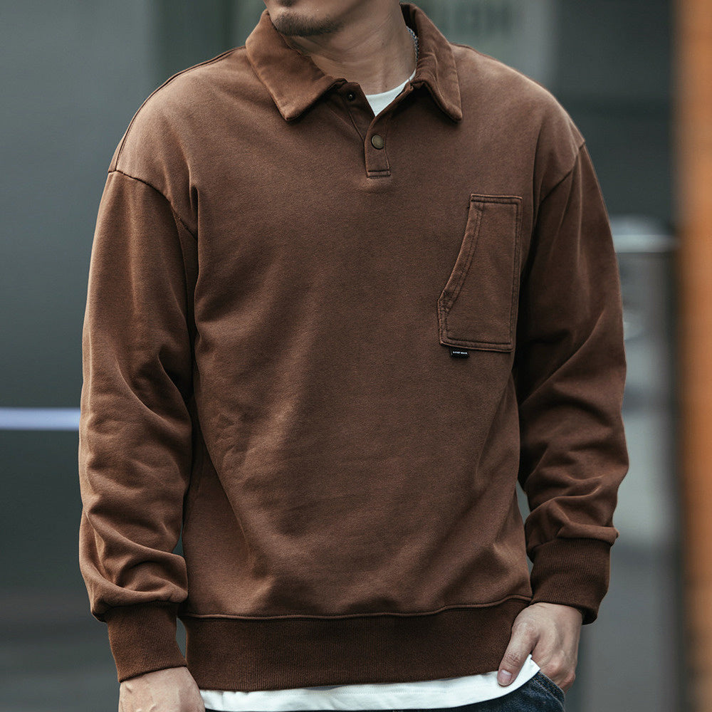 美式復古做舊水洗翻領POLO衫男春季長袖衛衣寬松大碼痞帥體恤