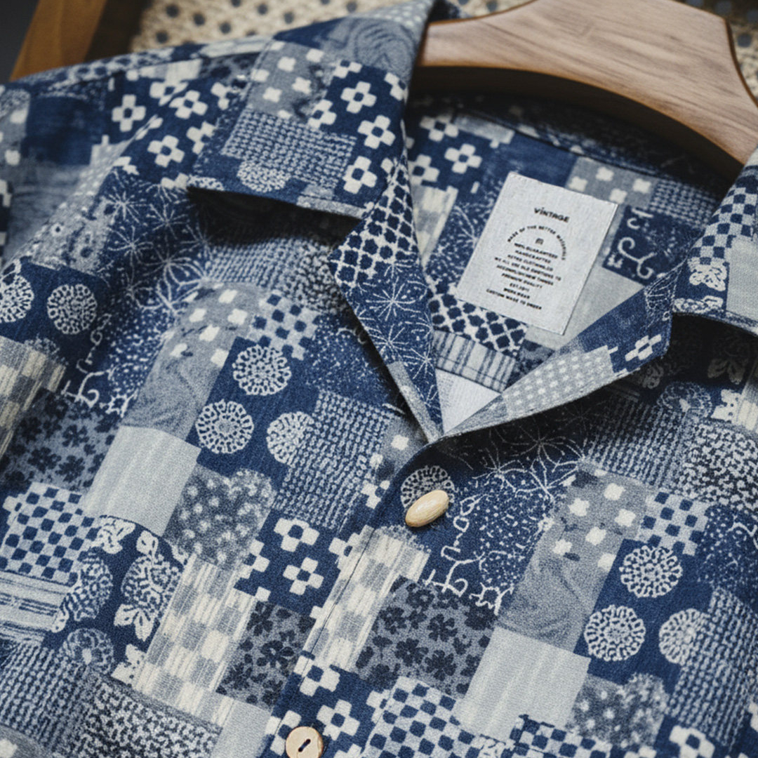 美式復古Boro古布短袖襯衫vintage印花牛仔襯衣外套男夏