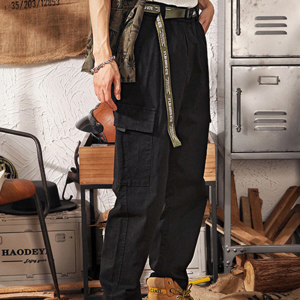 直筒機能工裝褲男潮牌嘻哈寬松闊腿百搭大口袋休閑褲