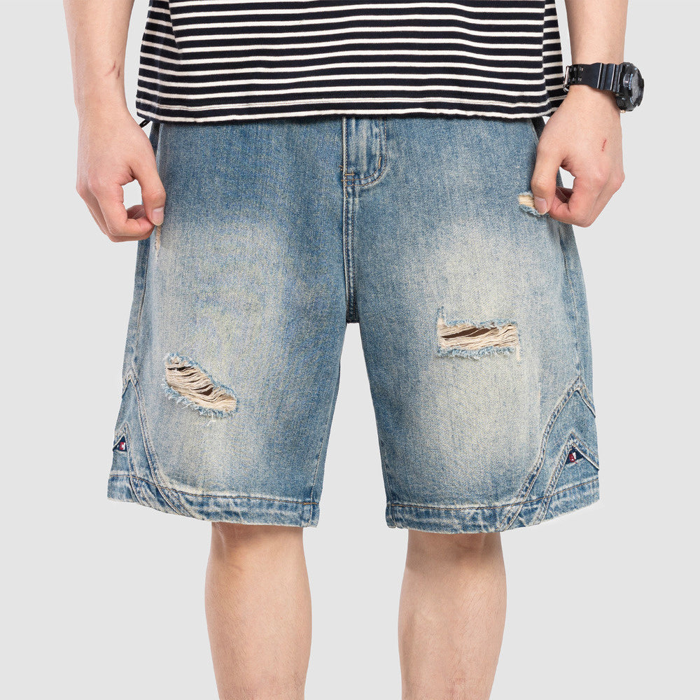 水洗破洞牛仔短褲男夏季寬松大碼美式潮牌休閑五分褲