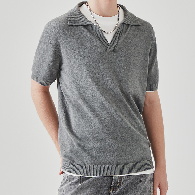 夏季針織短袖polo衫男高級感純色翻領休閒T恤上衣馬球衫