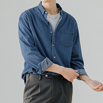 牛仔長袖襯衫男青年春秋韓版潮流休閒純色工裝襯衣外套男