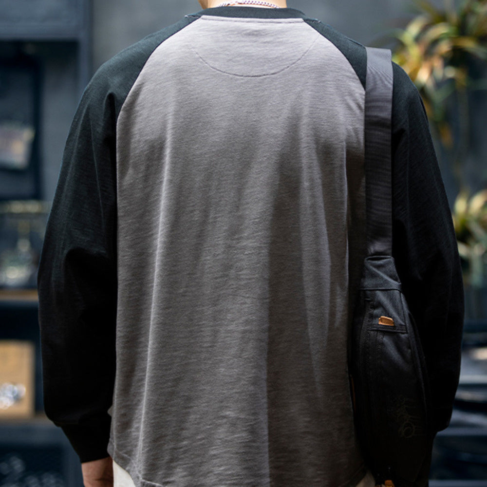 美式竹節棉長袖t恤男秋季潮牌寬松圓領撞色上衣男士休閑打底衫潮