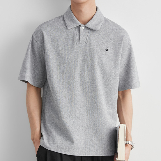日系刺繡小標翻領紐扣Polo衫男夏季純色寬鬆通勤百搭短袖T恤