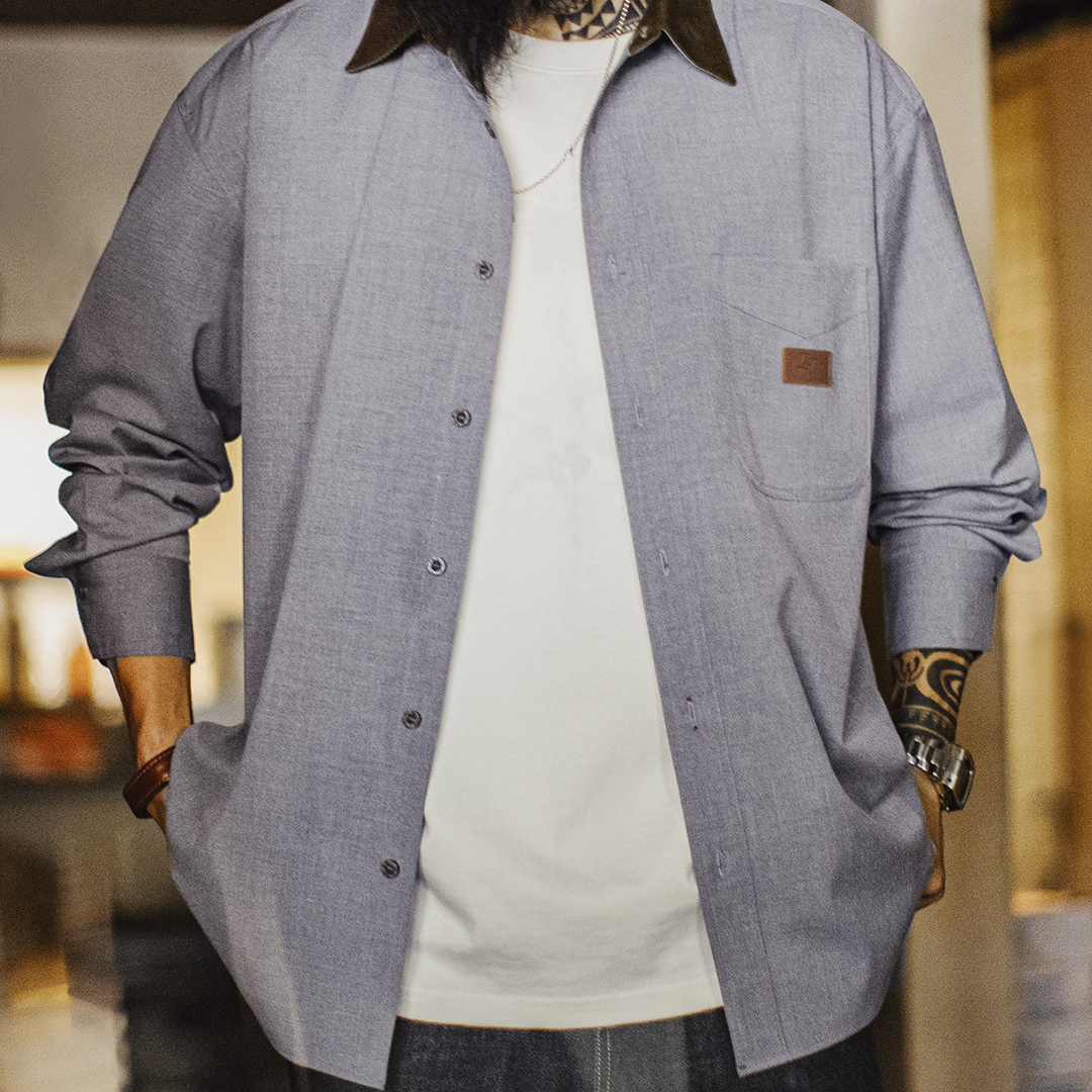 美式休閒燈芯絨拼接襯衫長袖老錢風灰色薄款襯衣外套男秋