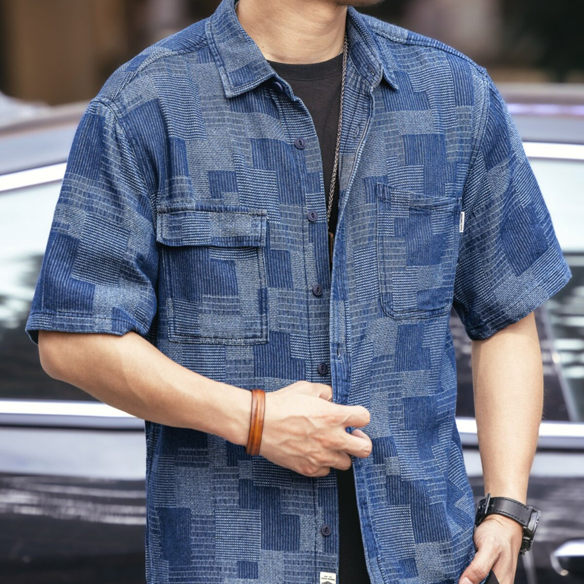 日系復古格子工裝短袖襯衫男夏季潮牌寬鬆多口袋牛仔襯衣男