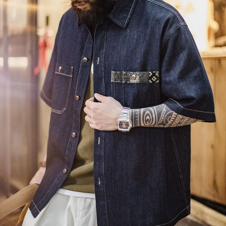 美式復古boro丹寧回潮牛仔襯衣日系藍染翻領襯衫外套男