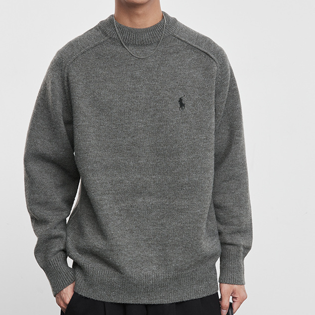秋冬季灰敘圓領毛衣男輕熟風韓系寬鬆針織衫男保暖打底