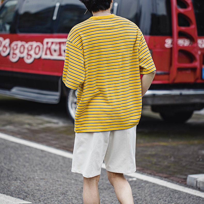 螺紋臘腸狗刺繡條紋短袖T恤250g寬鬆落肩撞色tee半袖潮夏