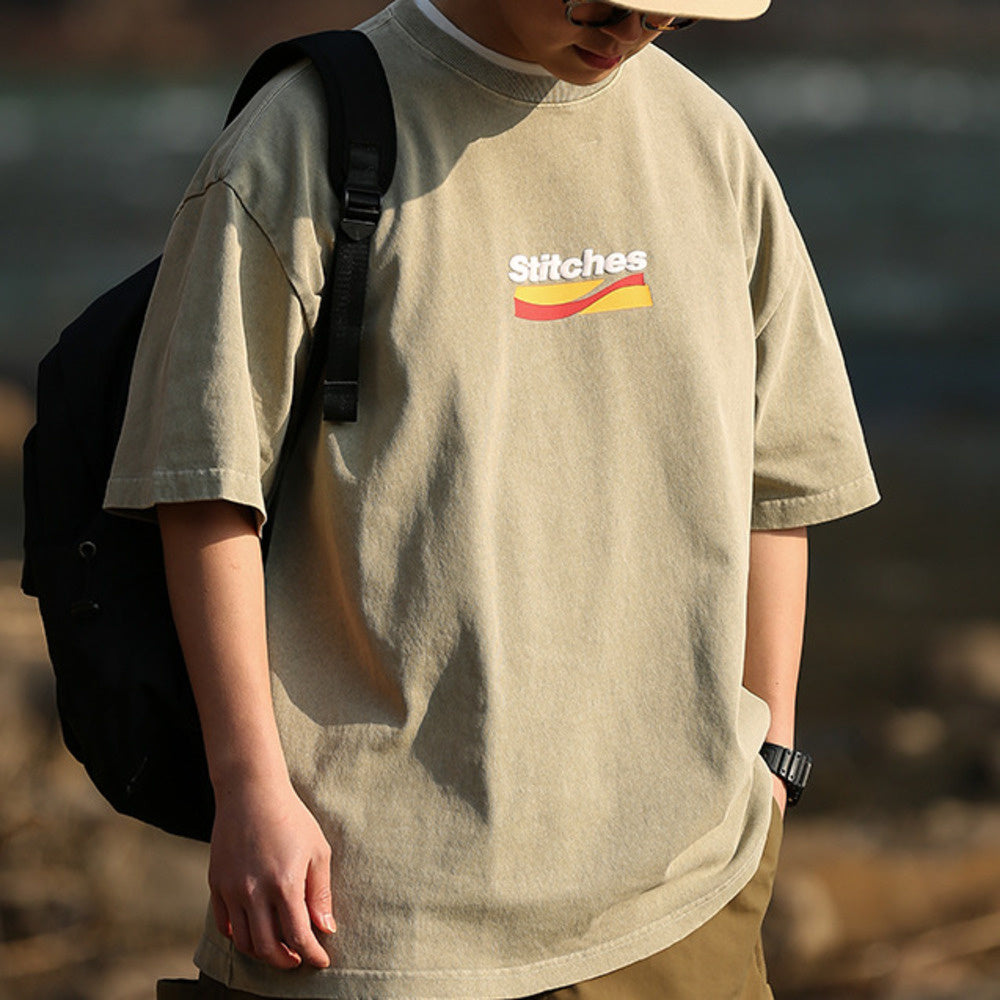 320g水洗發泡印花短袖男復古寬松休閑潮情侶T恤