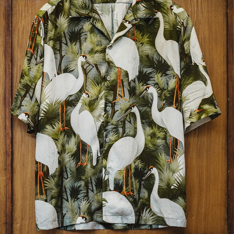 復古港風仙鶴花襯衫古巴領浮世繪天絲夏威夷短袖襯衣男夏