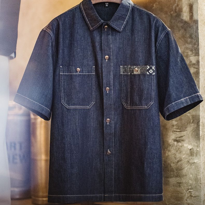 美式復古boro丹寧回潮牛仔襯衣日系藍染翻領襯衫外套男